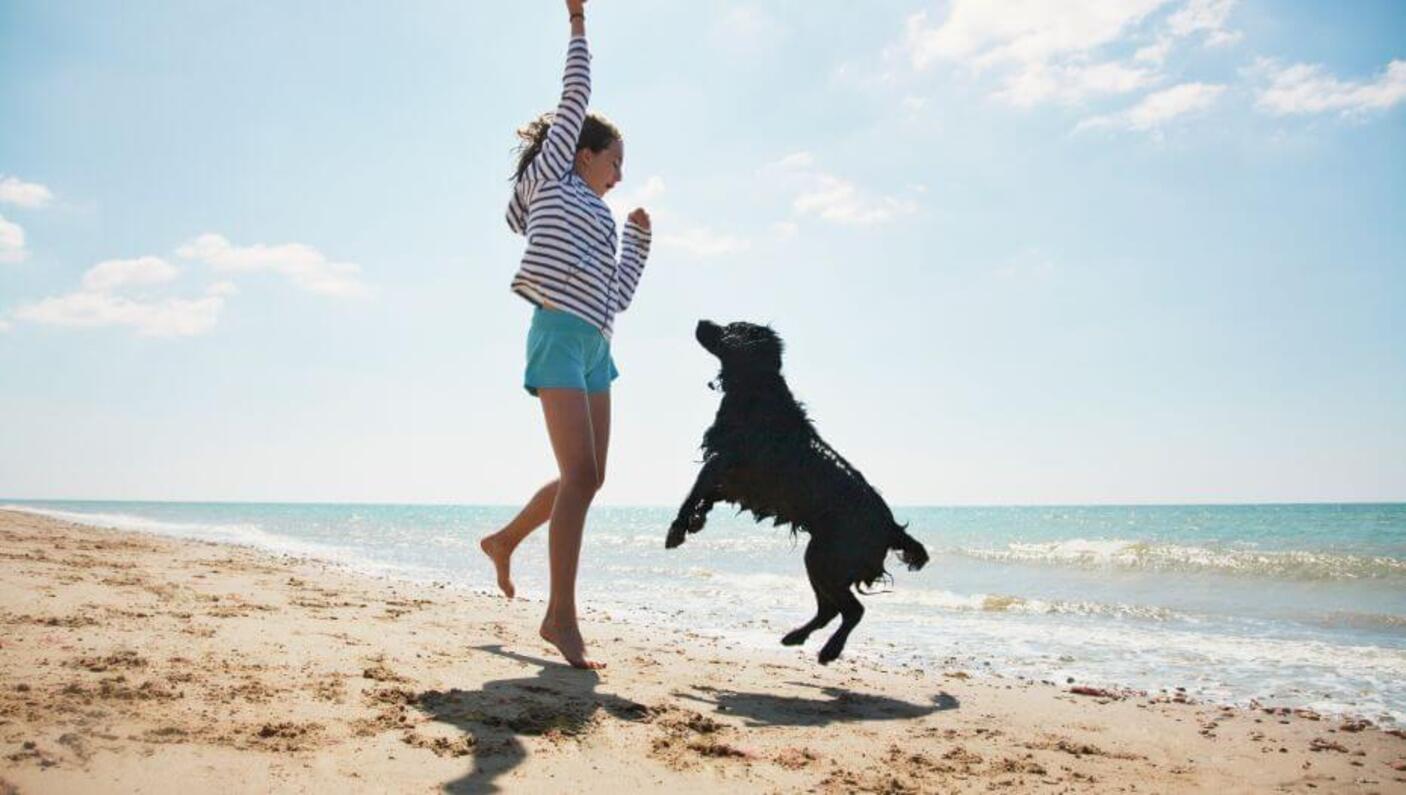 Ragazza e cane che saltano su una spiaggia