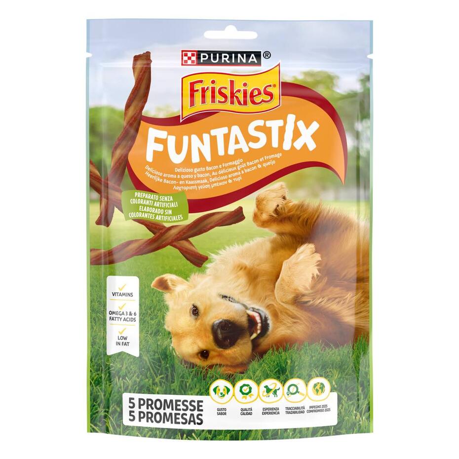 FRISKIES Funtastix Snack Cane al delizioso gusto di Bacon e Formaggio