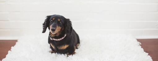 Cane bassotto nero e marrone seduto su un soffice tappeto 