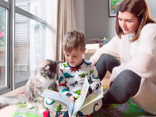 madre e figlio che giocano con un gatto